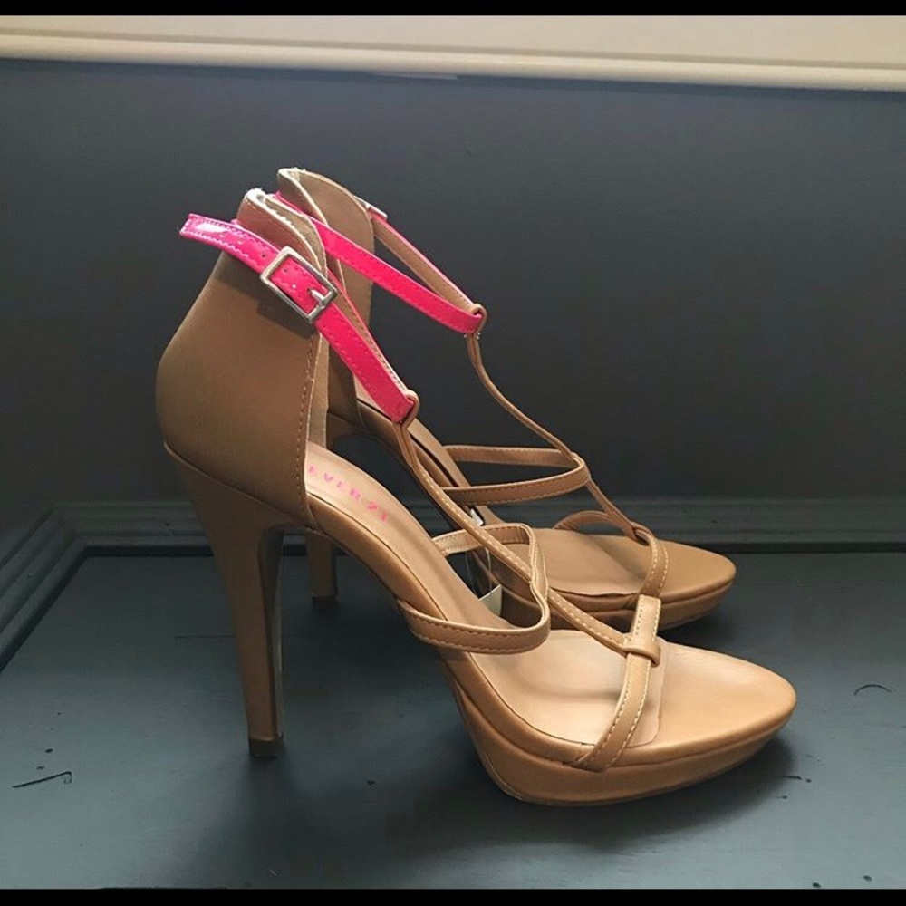 NWT Forever 21 Tan & Pink Heels, Sz 7.5
